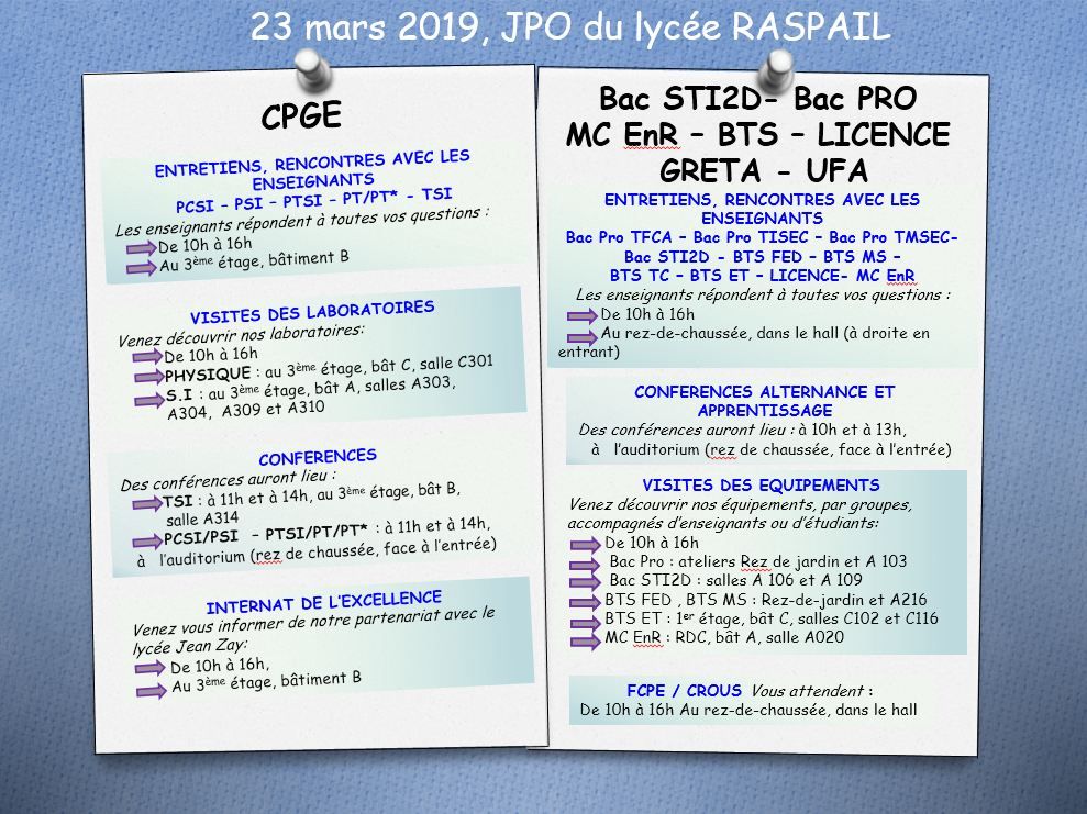 Programme des journées portes ouvertes 2019 du Lycée professionnel et technologique Raspail, à Paris