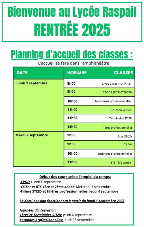PLANNING DE RENTRÉE