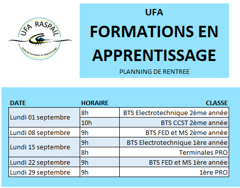 Plannind de rentrée des apprentis