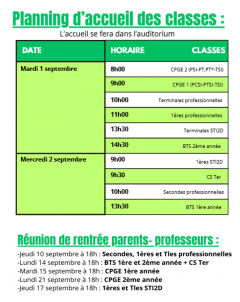 RENTREE 2026 : PLANNING D'ACCUEIL DES CLASSES